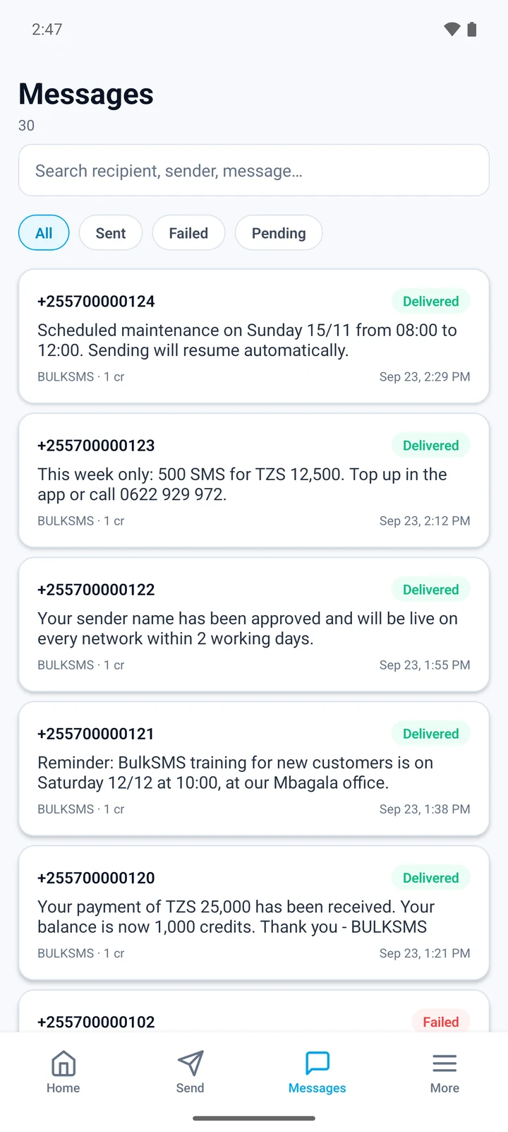 BulkSMS app message list: every SMS with its delivery status